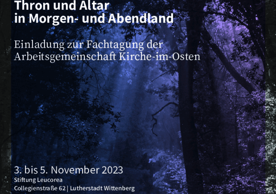 Titelbild finsterer Wald mit Mondlicht, Titel der Veranstaltung: Trohn und Altar in Morgen- und Abendland
